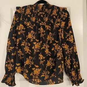 THML Floral Black and Mustard Smocked Mock Neck Women's Blouse, Medium
